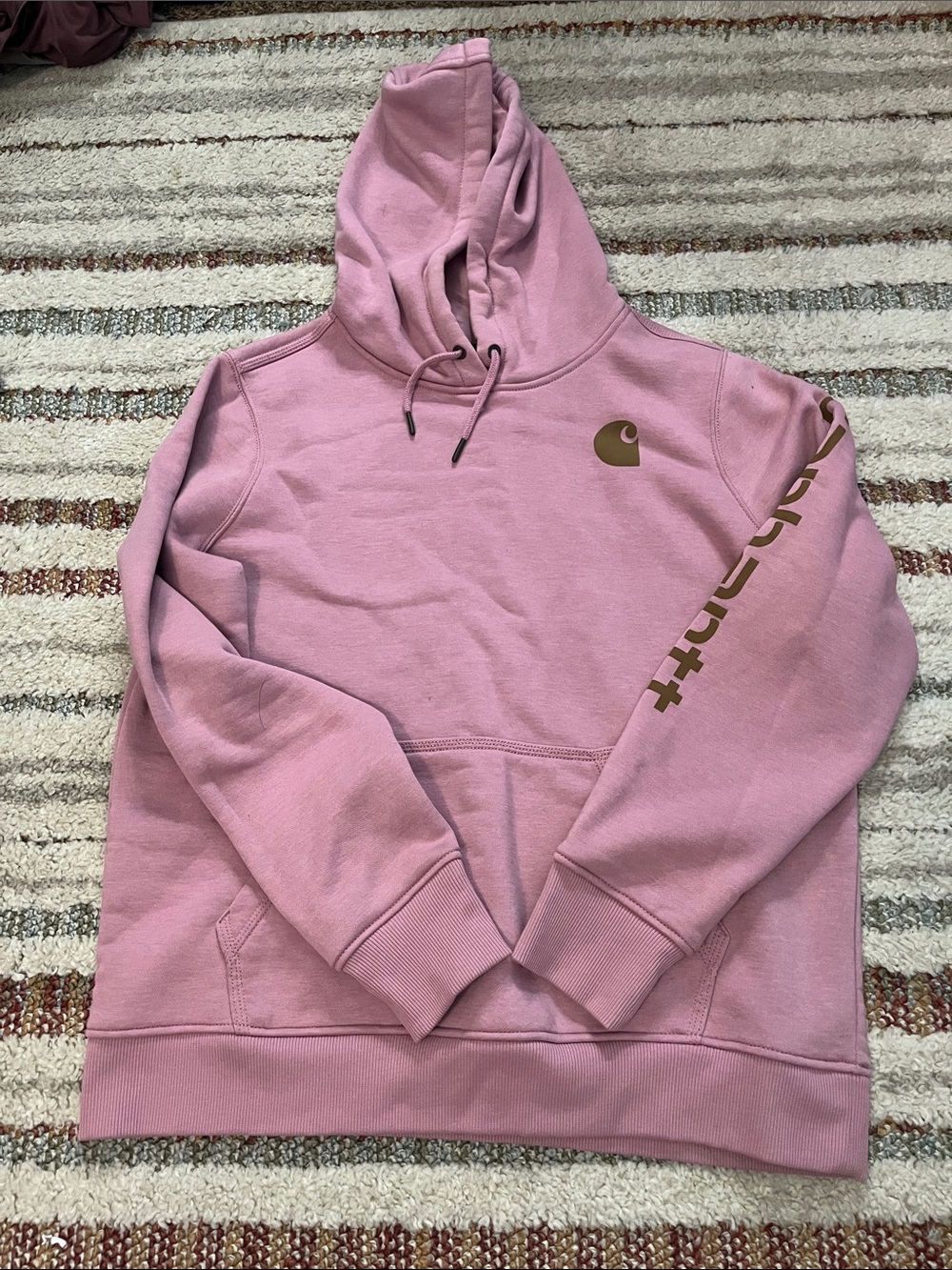 Carhartt Pink Hoodie with Gold Logo and Sleeve Script